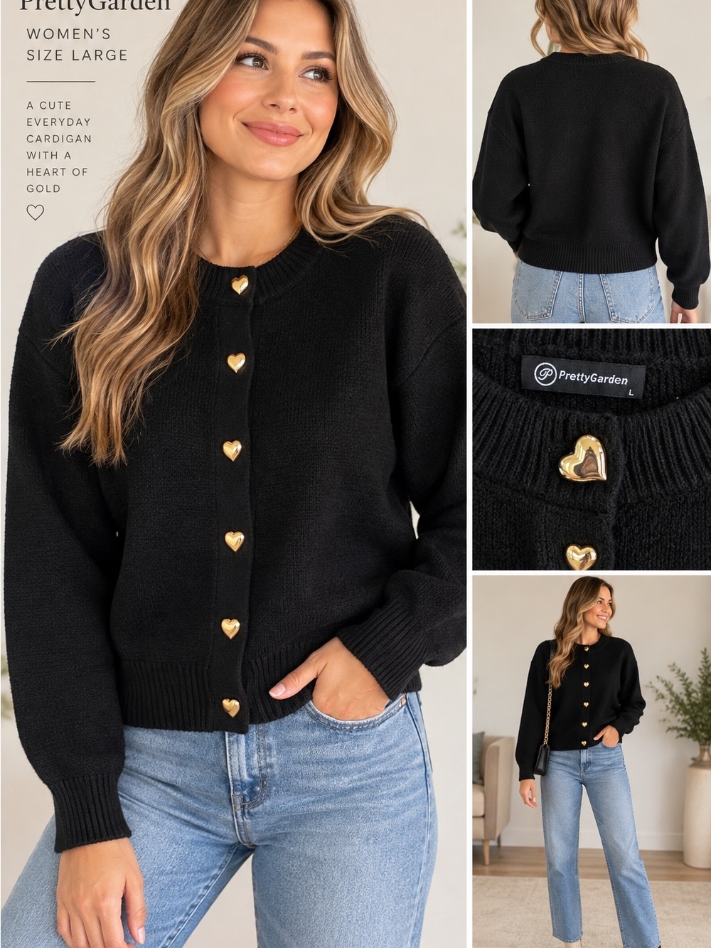 PrettyGarden Women’s Large Black Chunky Cardigan Gold Heart Buttons